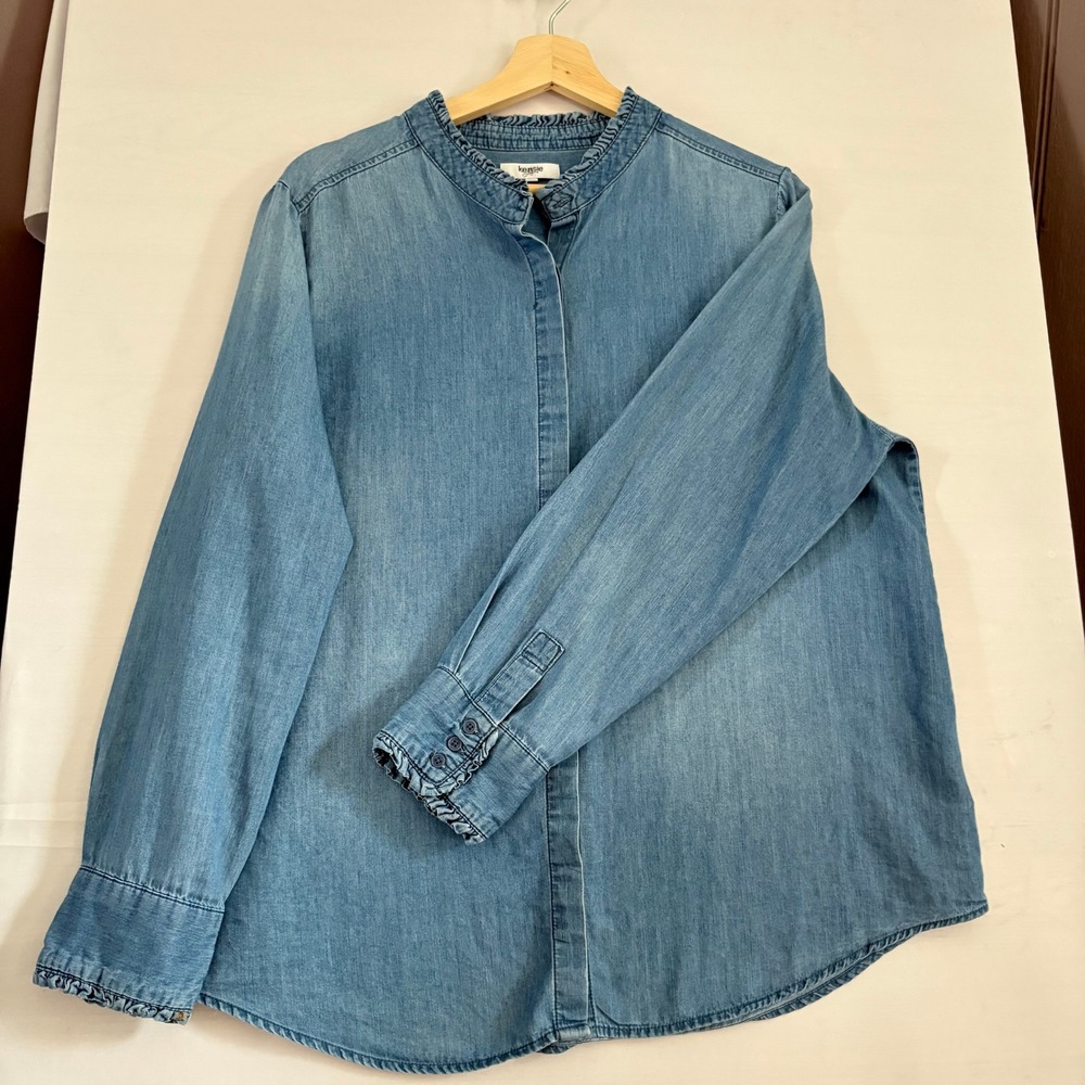 Kensie Jeans Blue Denim‎ Shirt Ruffle Mandarin Collar Long Sleeve Light Wash XL